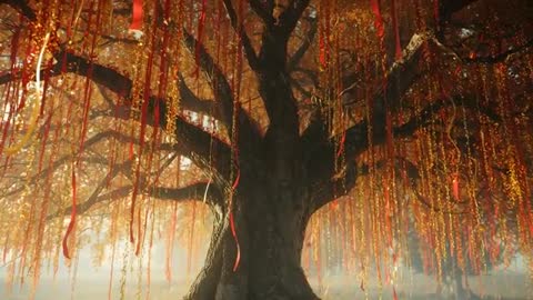 Mystical Tree Draped with Flowing Red and Golden Ribbons in Sunlit Meadow