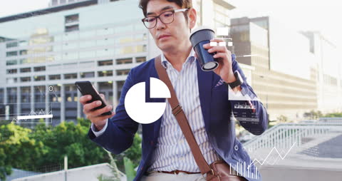 Businessman Using Smartphone with Financial Data Graphics