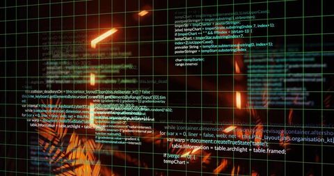 Layered source code over turquoise grid with amber flares creating neon cyber backdrop