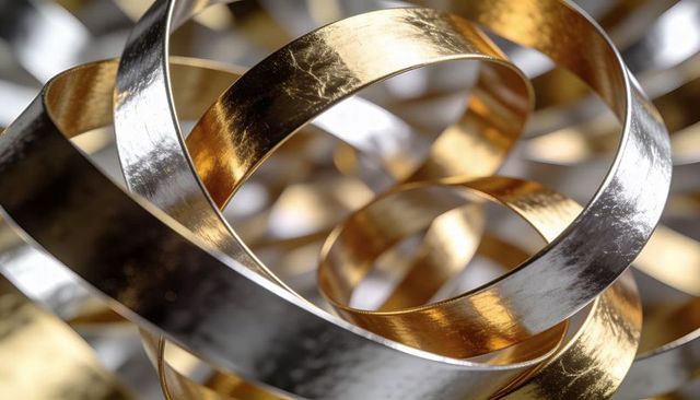 Twisting Gold and Silver Ribbons Forming Spiral Loops with Brushed Metal Texture