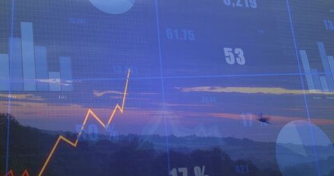 Digital financial chart overlaying sunset valley landscape showing rising growth trend