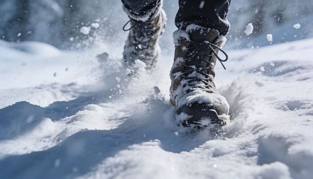 Hiker kicking fresh snow while trekking through snowy forest trail wearing insulated boots