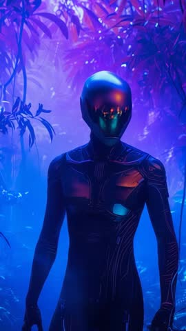 Vertical sci-fi android tilting head while scanning neon forest in purple glow