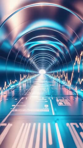 Traveling Through Neon Cyber Tunnel With Pulsing Orange Waveform, Vertical Tech Motion