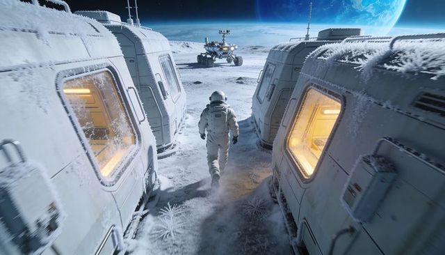 Astronaut Walking Between Frosted Habitat Modules on Icy Exoplanet with Rover and Distant Planet