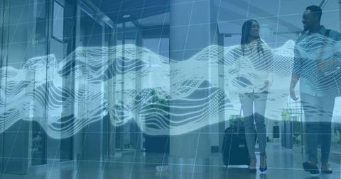 Modern travelers walking through airport with digital overlay