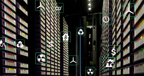 Ecology Icons Overlay in Futuristic Server Room Setting
