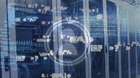 Digital Interface Icons Overlapping a Server Room