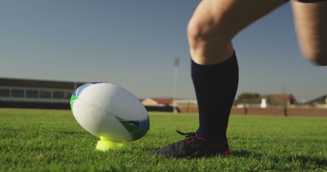Close-up of a rugby player dressed in dark socks and shoes, preparing to kick a rugby ball resting on a kicking tee on an outdoor field. Ideal for use in advertisements promoting sports gear, rugby training, fitness blogs, or illustrating the intensity and preparation in team sports.