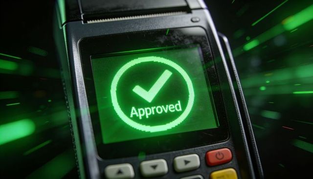 Green approved checkmark on pos terminal display at checkout contactless payment success