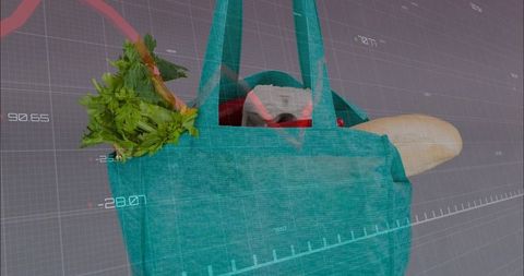 Teal reusable grocery tote holding baguette, leafy greens and milk carton with grid overlay