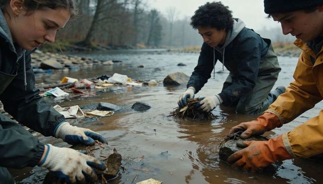 Youth volunteers cleaning stream and removing trash for river habitat restoration
