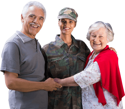 Diverse Senior Couple Embracing Female Soldier Transparent Background