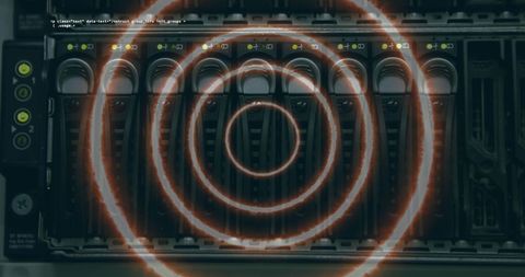 Data center server with futuristic scanning effect overlay