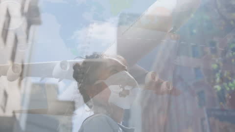 Woman Wearing Face Mask Facing Airplane Overlay Symbolizing Global Pandemic
