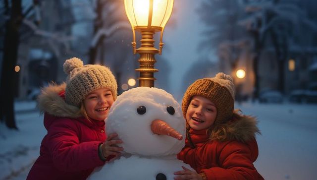 Joyful winter night with snowman and sisterly bond near vintage lamppost