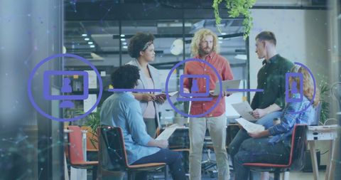 Diverse Team Collaborating with Network Icons in Modern Office - Download Free Stock Images Pikwizard.com