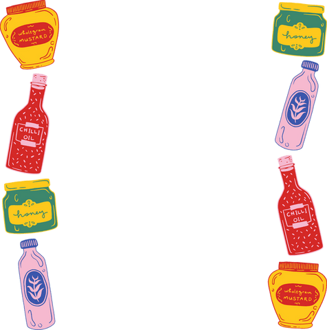 Transparent border of colorful condiment jars and bottles illustration