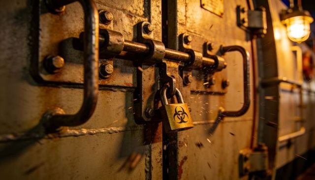 Brass Biohazard Padlock Securing Rusted Ship Hold Hatch with Sparking Lamp