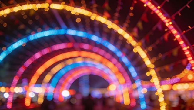 Glowing rainbow archway lights creating bokeh tunnel for festival walkway nightlife