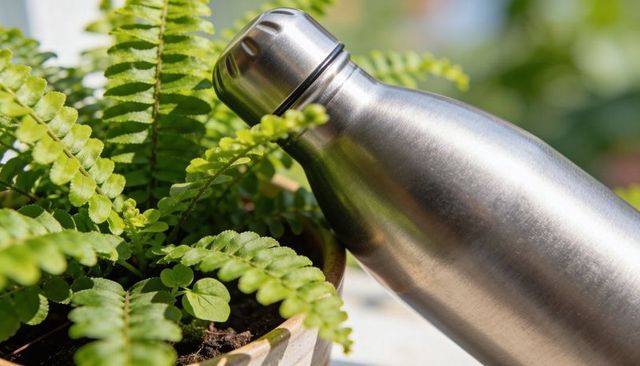 Stainless steel water bottle catching sunlight next to potted fern and clover seedling