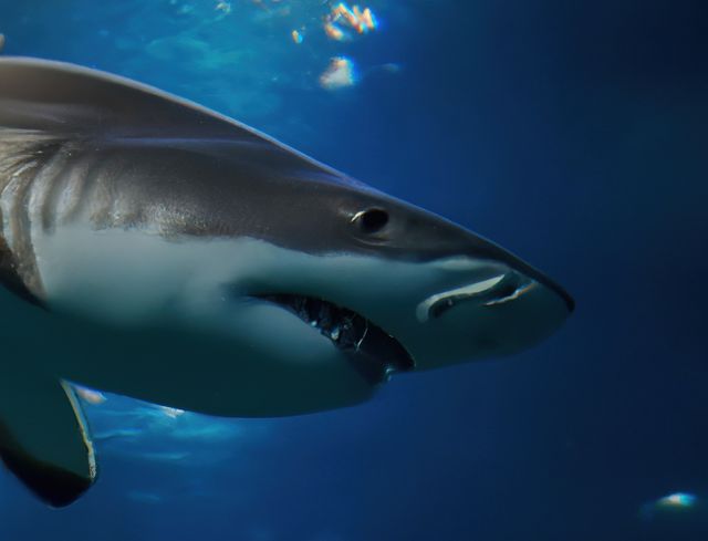 Close up of shark in water created using generative ai technology. Animals, wildlife and nature concept, digitally generated image.