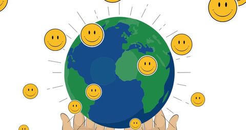 Smiling emoticons surrounding globe with hands