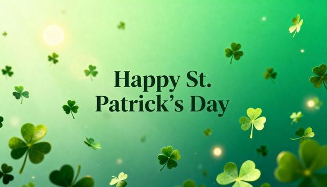 Happy st. Patrick's day greeting with floating shamrocks, green bokeh and lens flare