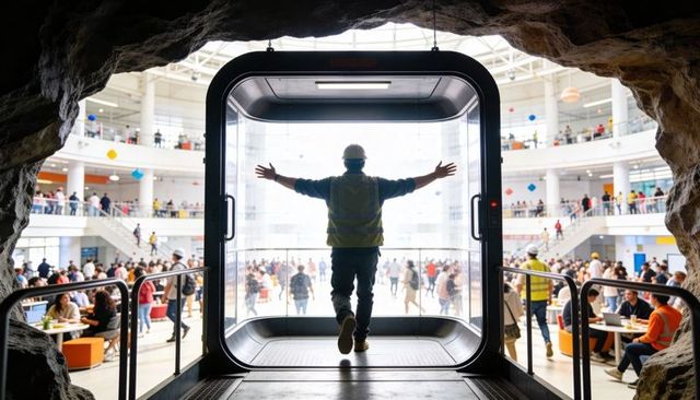 Construction worker embracing future inside glass capsule in crowded modern atrium