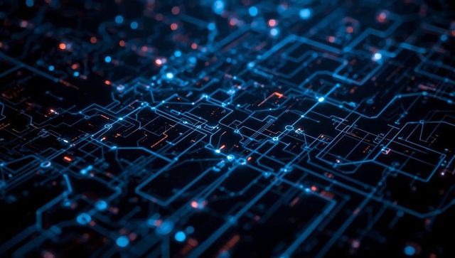 Futuristic circuit board with glowing connective nodes and paths