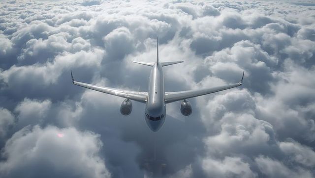 Silver twin-engine jetliner flying above dense cloud deck reflecting sunlight