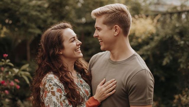 Romantic Couple in Lush Garden Sharing a Warm Gaze