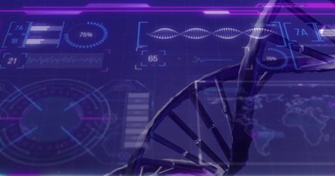 Futuristic 3d dna helix with neon hud technology interface
