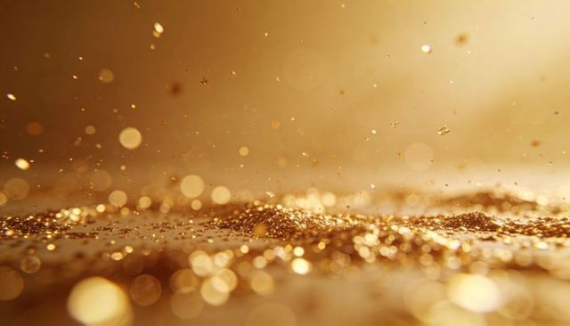 Golden glitter particles floating over sparkling metallic flakes on warm bokeh