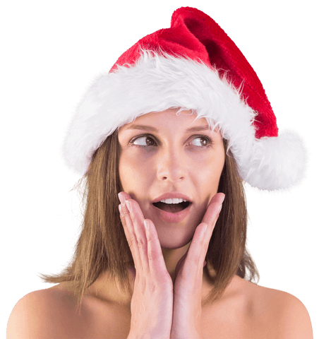 Brunette woman wearing santa hat looking surprised on transparent background