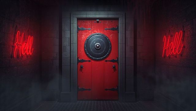 Mysterious Red Door with Shield in Gothic Corridor