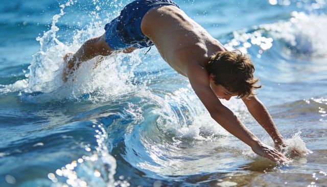 Boy diving into sunlit shallow surf splashing water on sandy shoreline summer playful moment