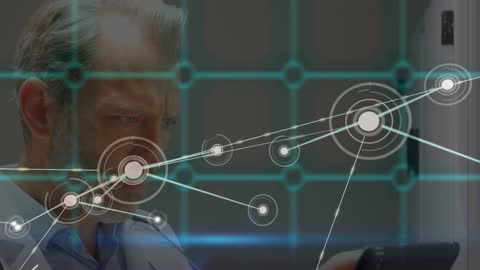 Doctor Analyzing Digital Network with Futuristic Interface