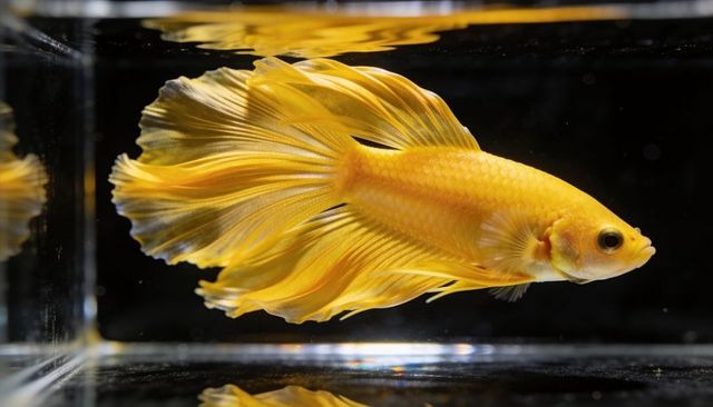 Golden betta swimming with flowing fins along glass aquarium waterline, minimalist closeup