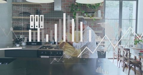 Senior couple holding hands at modern kitchen island with data analytics overlay