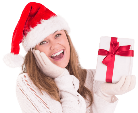 Excited Woman in Santa Hat with Christmas Gift, Festive Transparent Background