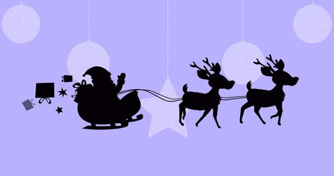 Santa Sleigh Silhouette with Reindeer and Decorations on Purple