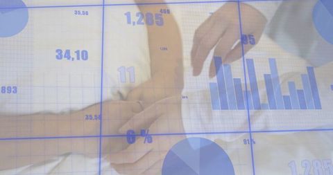 Korean couple clasping hands on bed with translucent blue data overlay and charts