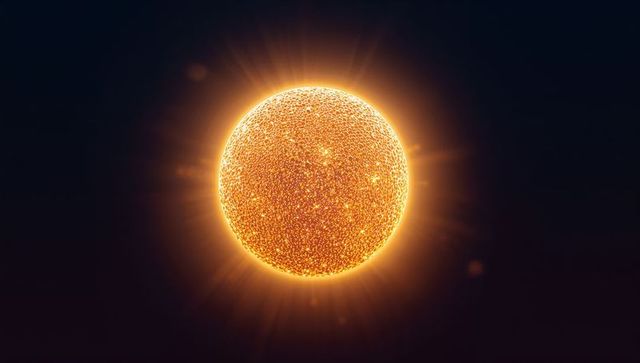 Sunlike Orb Emitting Golden Corona, Granular Plasma Texture and Radial Light Rays