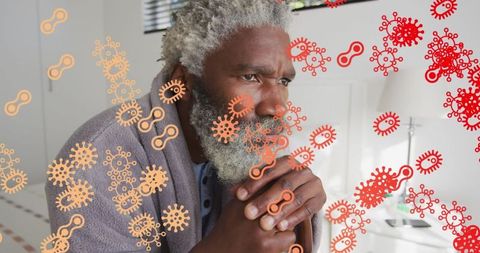 Thoughtful senior man with abstract virus overlay symbolizing health concerns