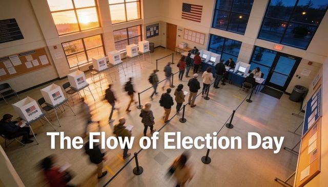 Flow of election day voters in school polling place at sunrise with organized queuing
