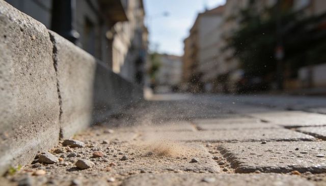 Sunlit dust plume swirling above cobblestone sidewalk beside concrete curb in city