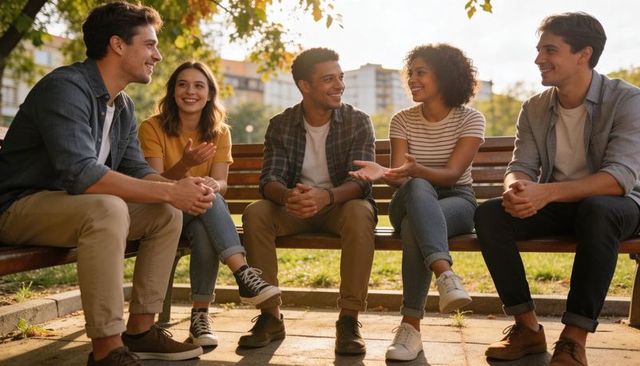 Friends chatting on park bench at golden hour, casual urban hangout with warm sunlight