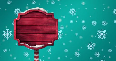 Festive Blank Wooden Sign with Falling Snowflakes