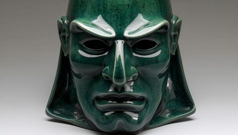 Glossy emerald ceramic mask sculpture on studio pedestal showing dramatic visage